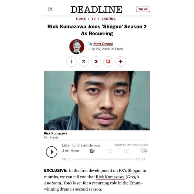 Deadline article: Rick Kumazawa joins Shōgun season 2 as a recurring cast member