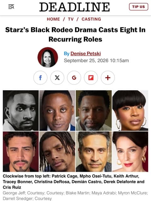 Deadline article: Starz’s Black Rodeo drama casts eight actors in recurring roles